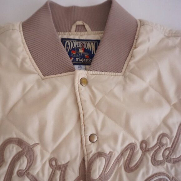 80s Cooperstown Atlanta Braves Cream Quilted Button Up Varsity Bomber Jacket XL - Picture 10 of 16